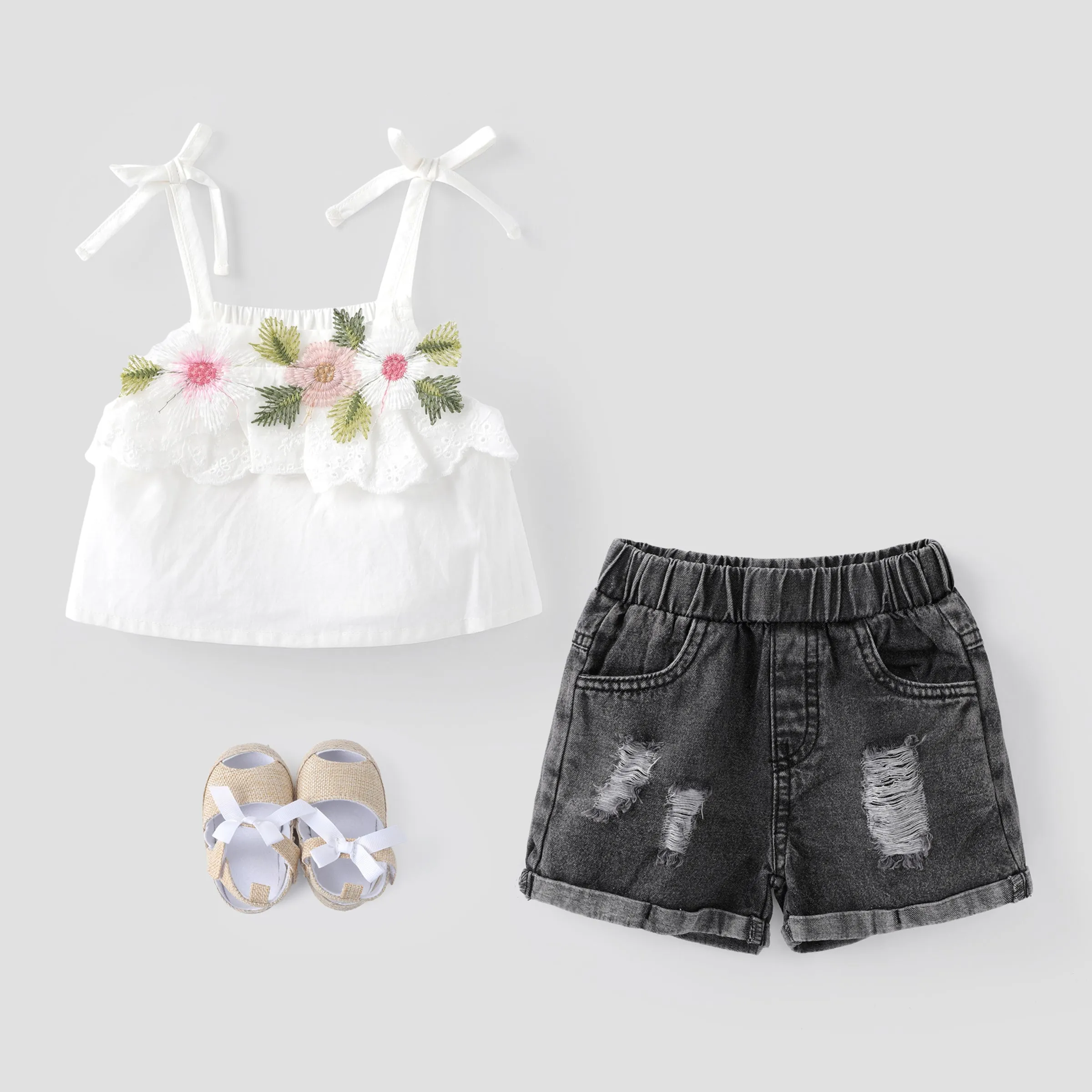 2pcs Baby Girl 100% Cotton Floral Design Cami Top and Ripped Denim Shorts Set