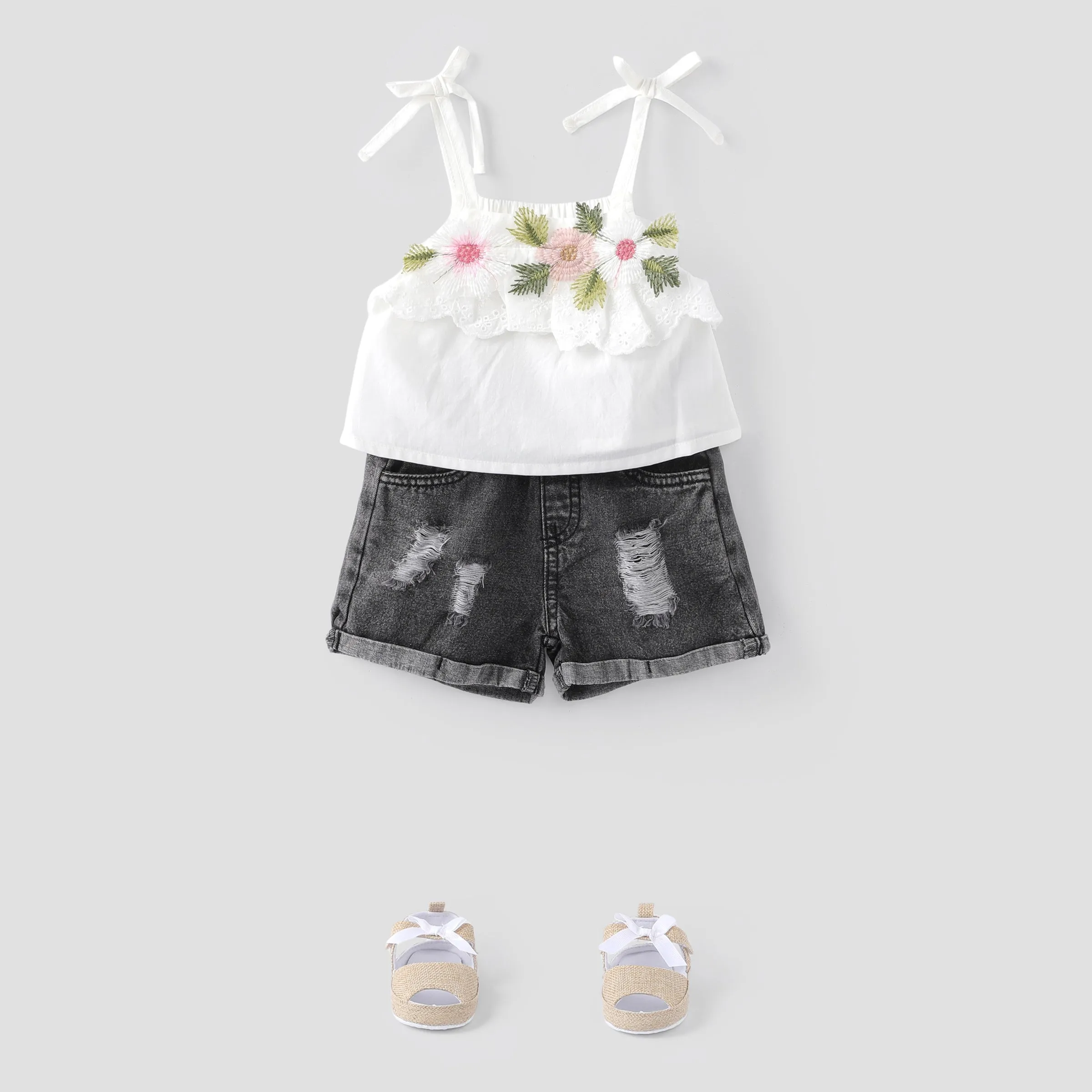 2pcs Baby Girl 100% Cotton Floral Design Cami Top and Ripped Denim Shorts Set