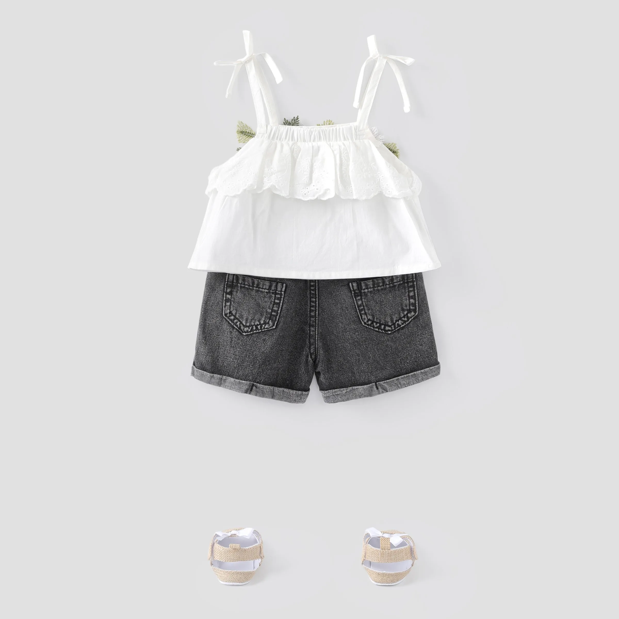 2pcs Baby Girl 100% Cotton Floral Design Cami Top and Ripped Denim Shorts Set