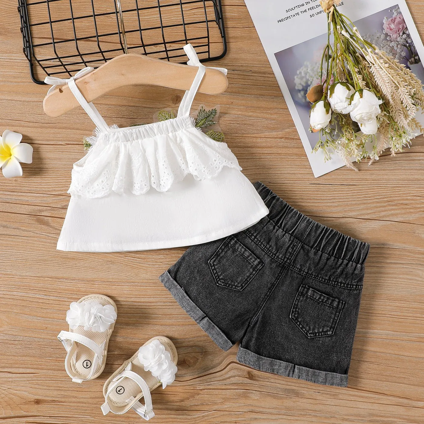 2pcs Baby Girl 100% Cotton Floral Design Cami Top and Ripped Denim Shorts Set
