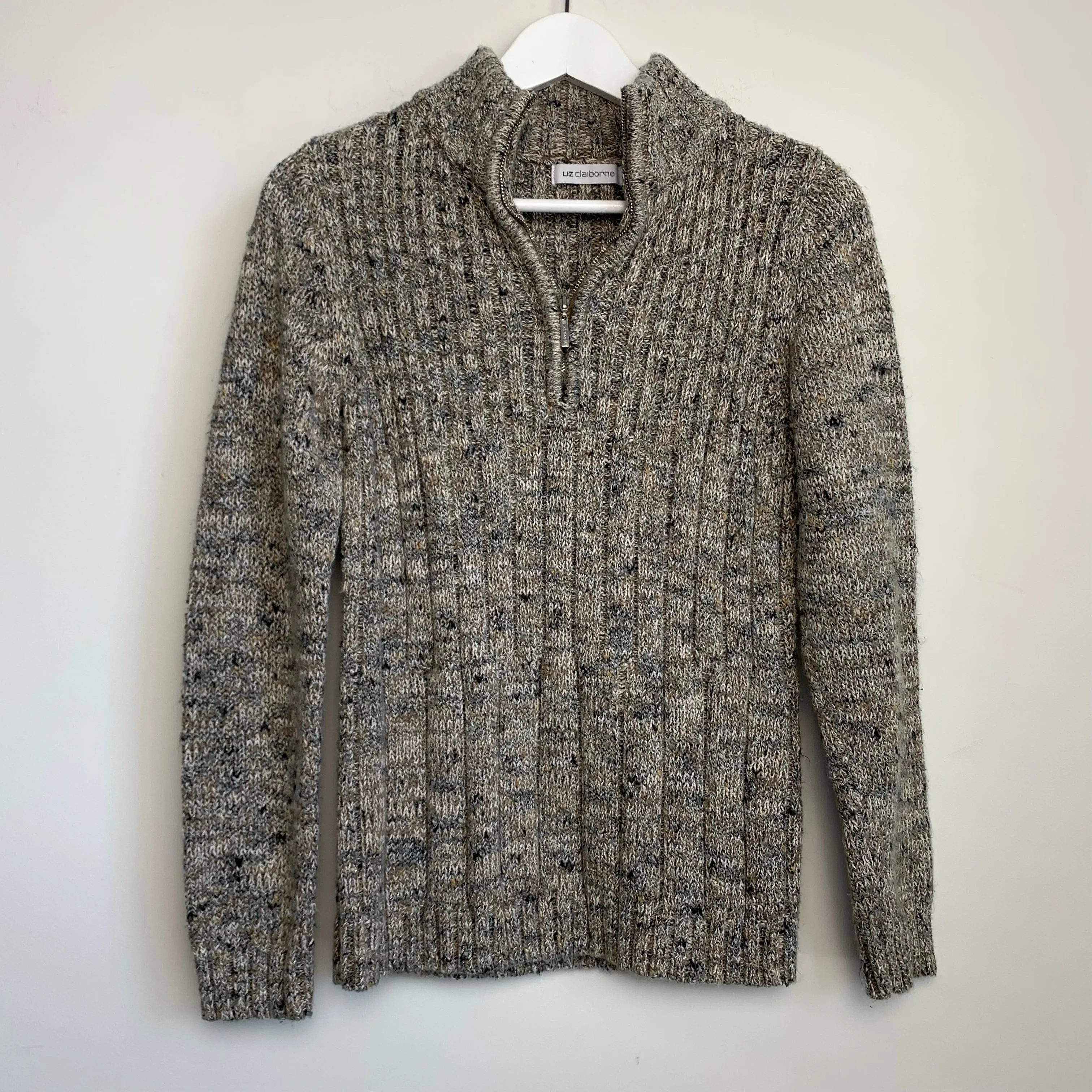 90s Liz Claiborne Neutral Ribbed Knit Chunky Sweater Pullover Half Zip Size Small
