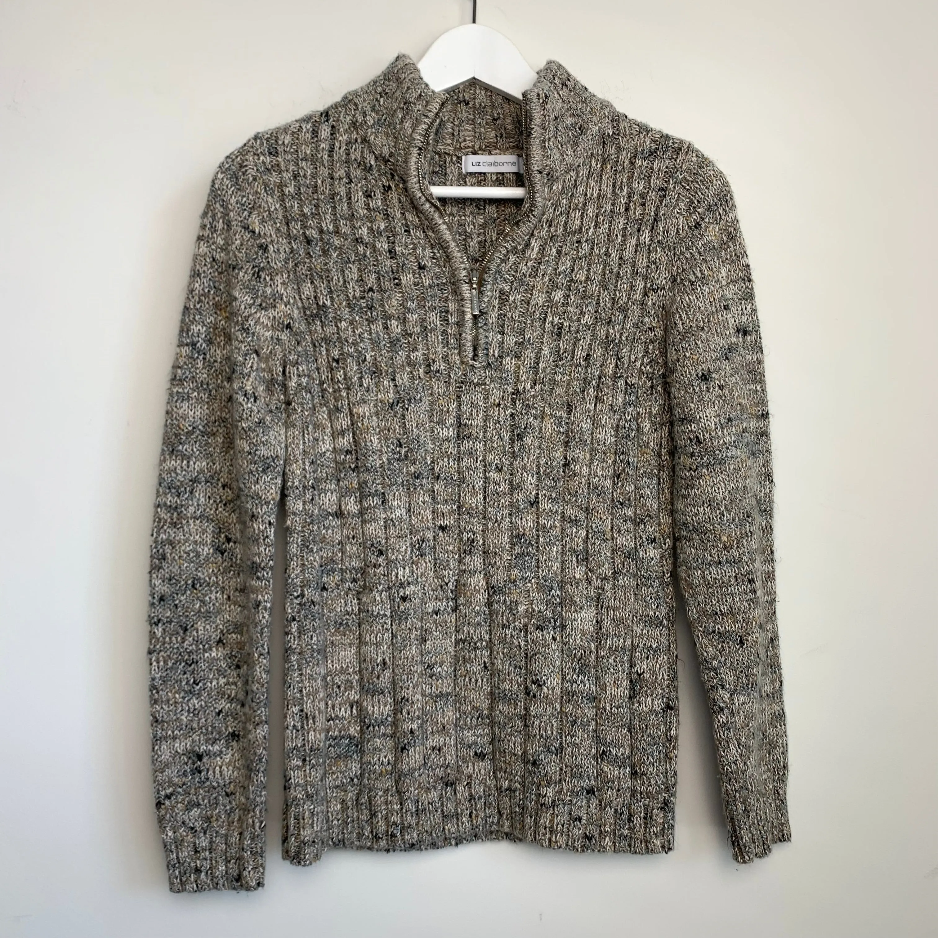 90s Liz Claiborne Neutral Ribbed Knit Chunky Sweater Pullover Half Zip Size Small