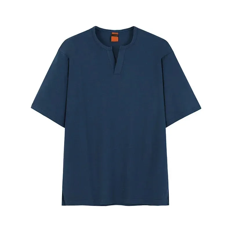 Aidase Men Short Sleeve Cotton T-shirt Boys V-neck Loose Tshirt Plus Size Mens Blue Summer Tee Shirt Male Khaki T Shirt Tops Tees XXL