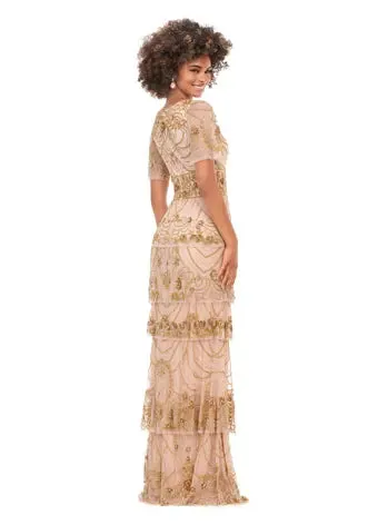 Ashley Lauren 11235 Beaded Evening Gown Long Dress Multi Tiered Sequin V-Neck Butterfly Sleeve
