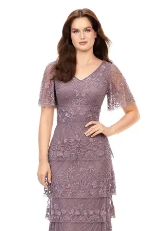 Ashley Lauren 11235 Beaded Evening Gown Long Dress Multi Tiered Sequin V-Neck Butterfly Sleeve