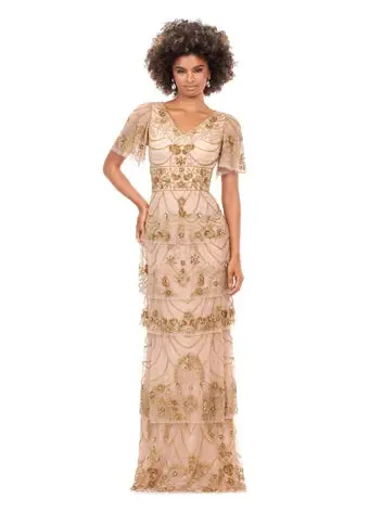 Ashley Lauren 11235 Beaded Evening Gown Long Dress Multi Tiered Sequin V-Neck Butterfly Sleeve