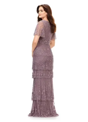 Ashley Lauren 11235 Beaded Evening Gown Long Dress Multi Tiered Sequin V-Neck Butterfly Sleeve