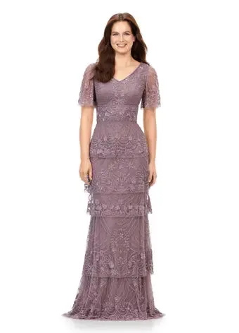 Ashley Lauren 11235 Beaded Evening Gown Long Dress Multi Tiered Sequin V-Neck Butterfly Sleeve