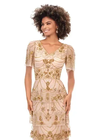 Ashley Lauren 11235 Beaded Evening Gown Long Dress Multi Tiered Sequin V-Neck Butterfly Sleeve