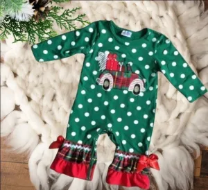 Baby & Toddler Ruffled Romper Jumpsuits - Green Polka Dot - Car