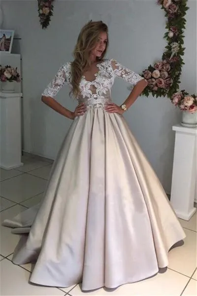 Ball Gown Sexy Prom Dresses Scoop Half Sleeve Short Train Satin Prom Dress/Evening Dress JKL215