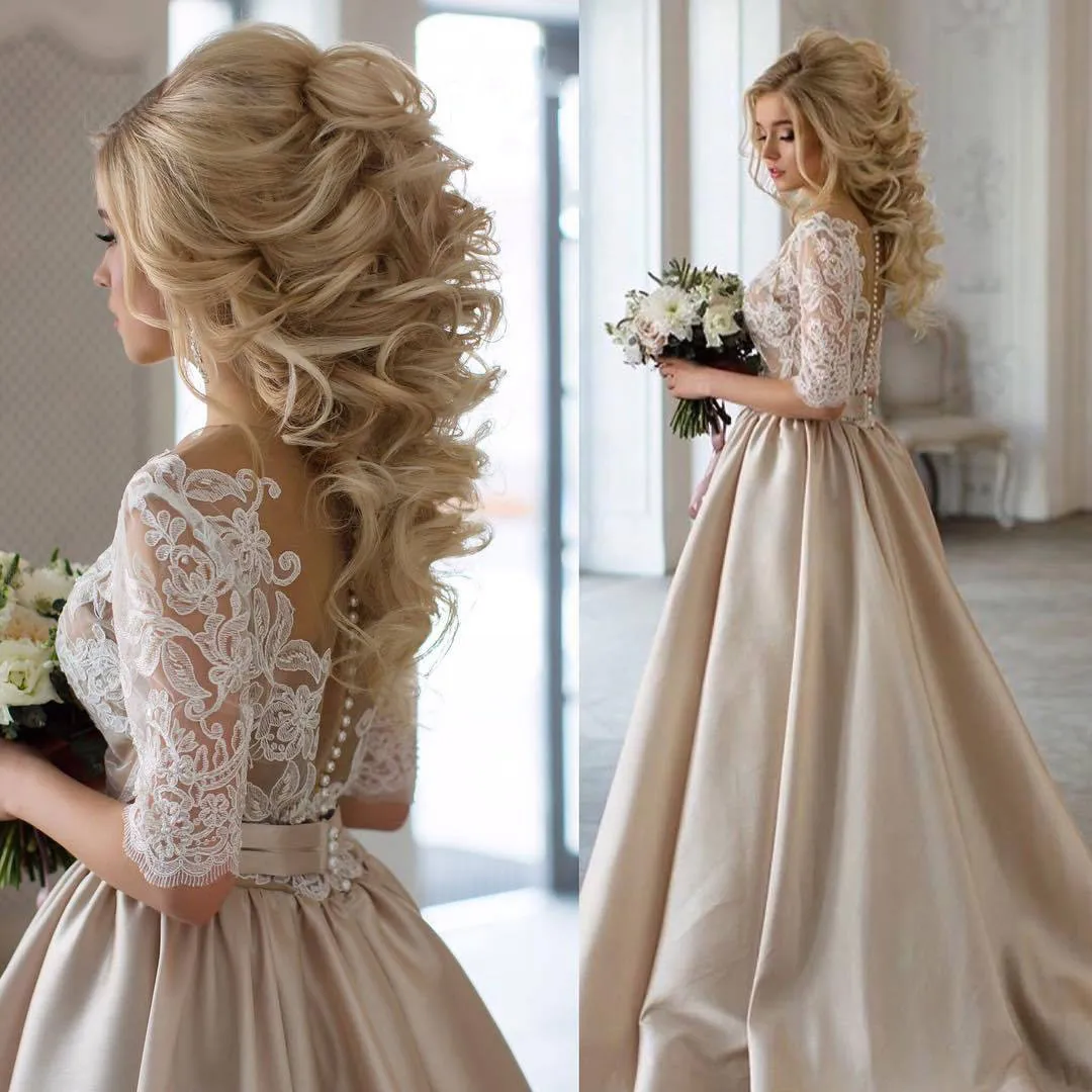 Ball Gown Sexy Prom Dresses Scoop Half Sleeve Short Train Satin Prom Dress/Evening Dress JKL215