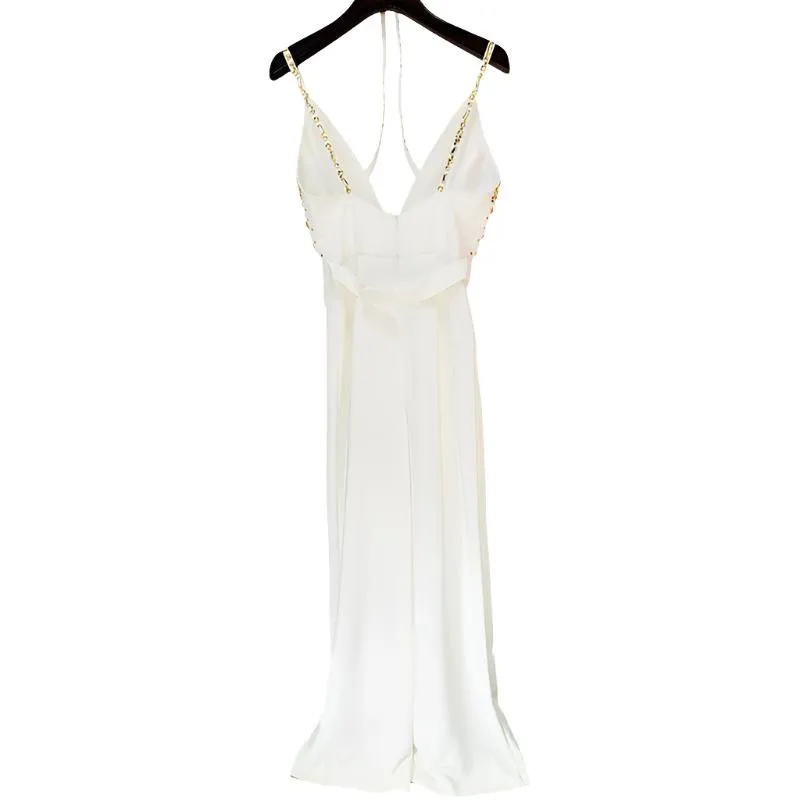 Beaded & Sequin Cross Front Spaghetti Strap Jumpsuit