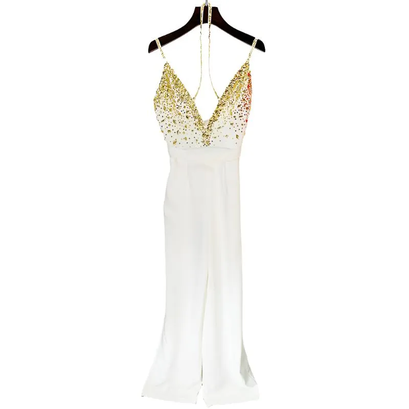 Beaded & Sequin Cross Front Spaghetti Strap Jumpsuit