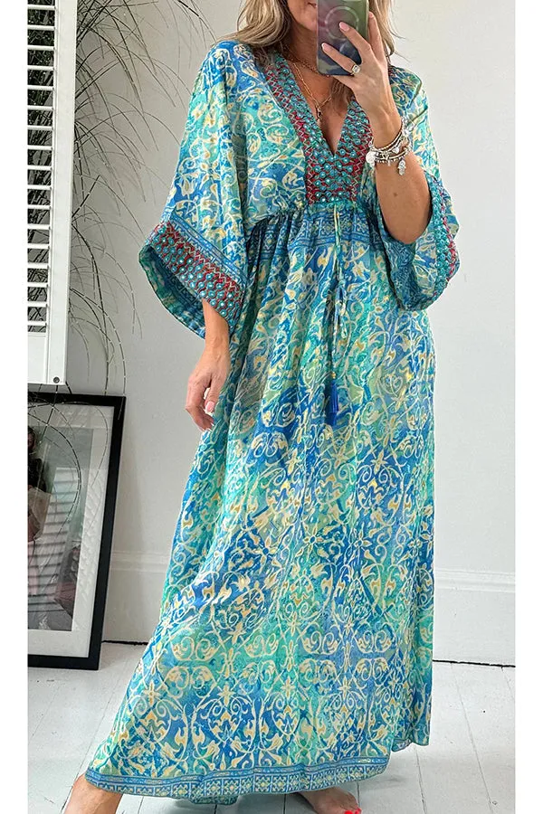 Beautiful Timeless Ethnic Paisley Print Drawstring Elastic Waist Kimono Maxi Dress