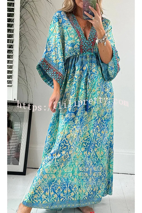 Beautiful Timeless Ethnic Paisley Print Drawstring Elastic Waist Kimono Maxi Dress
