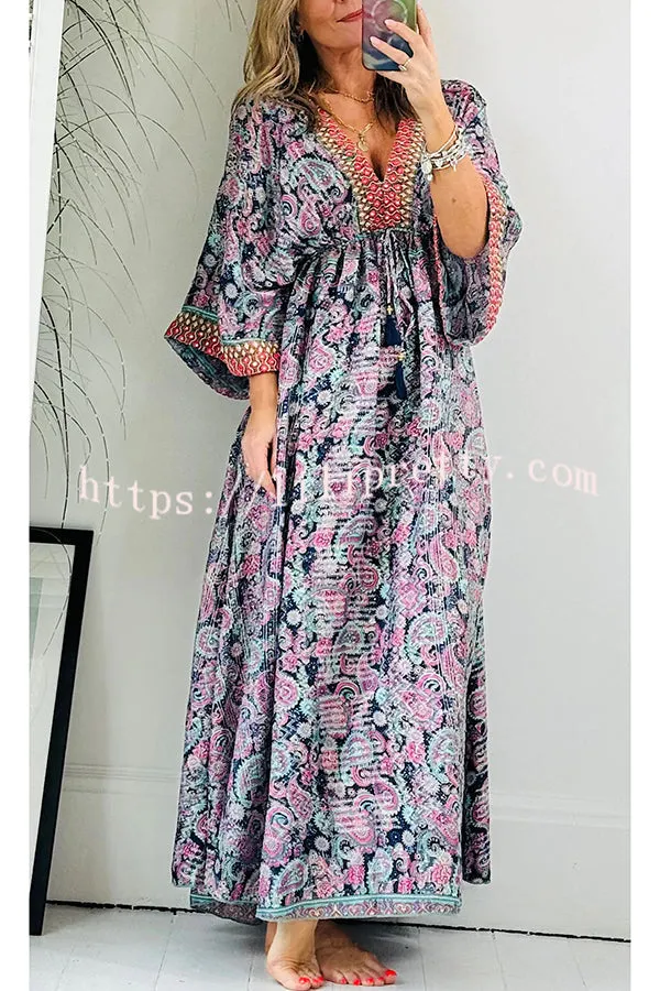 Beautiful Timeless Ethnic Paisley Print Drawstring Elastic Waist Kimono Maxi Dress