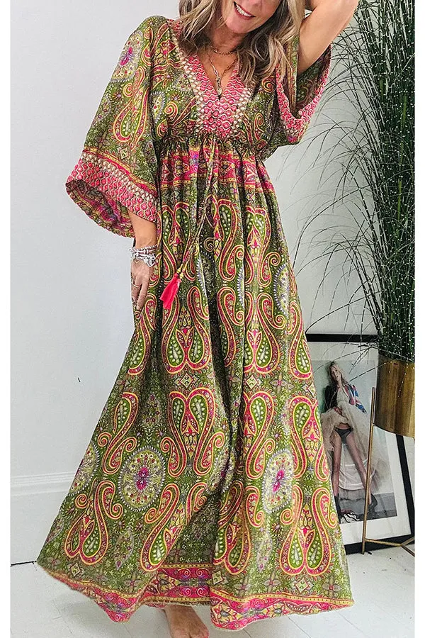 Beautiful Timeless Ethnic Paisley Print Drawstring Elastic Waist Kimono Maxi Dress