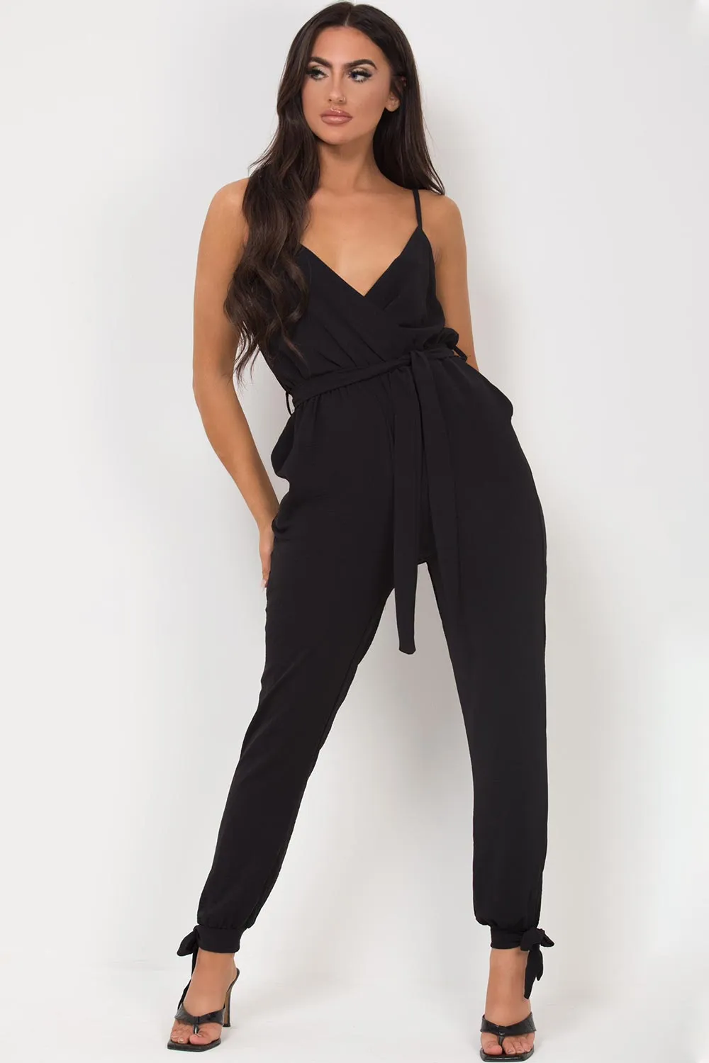 Black Cami Strap Belted Jumpsuit