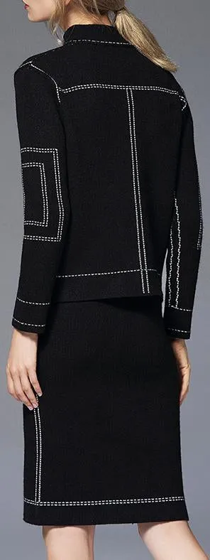 Black Printed Knit Cardigan Sweater & Skirt Set