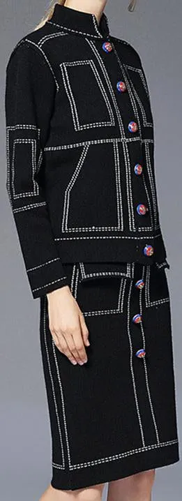 Black Printed Knit Cardigan Sweater & Skirt Set