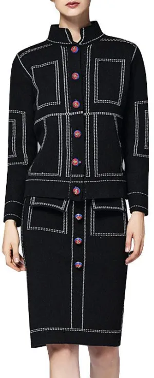 Black Printed Knit Cardigan Sweater & Skirt Set