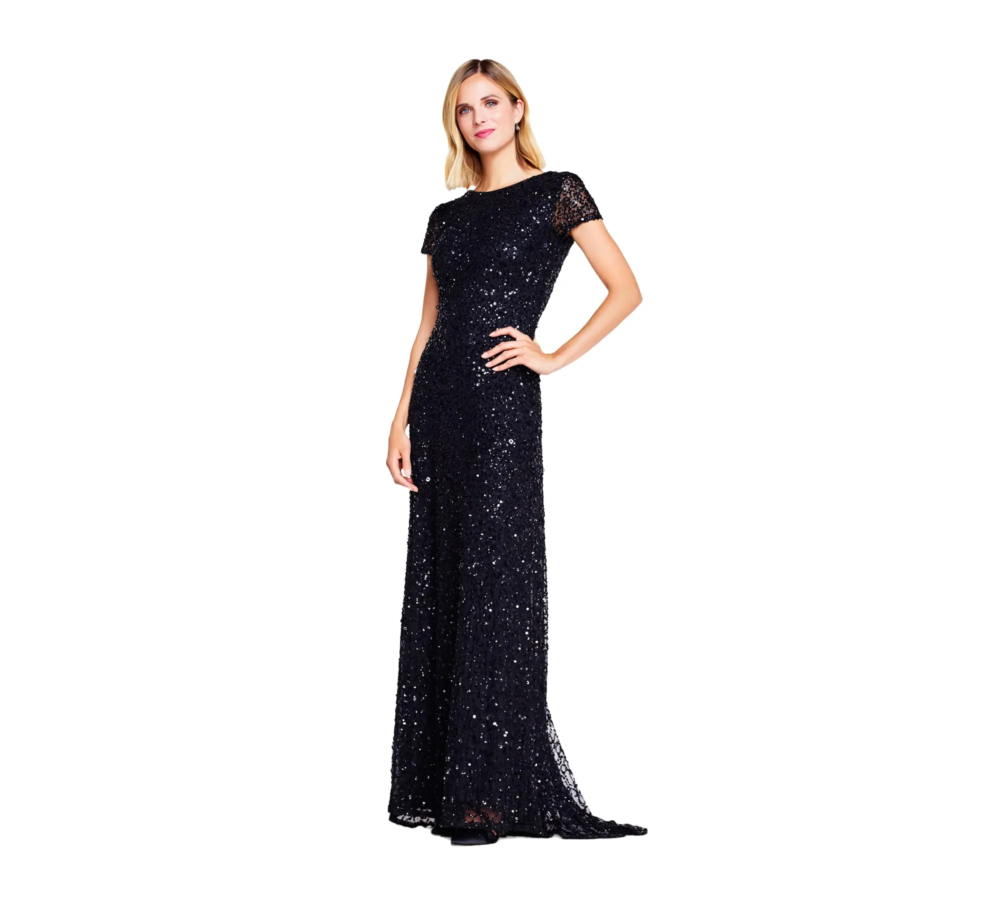 Black Women's Short-Sleeve All Over Sequin Gown - Adrianna Papell