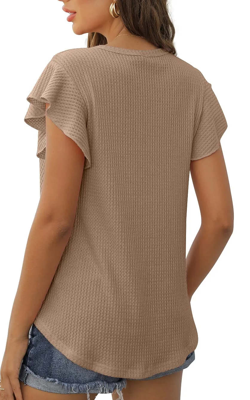 Blue Green Ruffle Short Sleeve Top Waffle Knit Tunic Casual Blouse Round Neck Shirts Summer Tank Tops for Women - IWOLLENCE