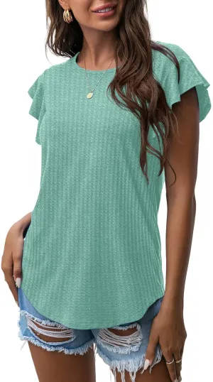 Blue Green Ruffle Short Sleeve Top Waffle Knit Tunic Casual Blouse Round Neck Shirts Summer Tank Tops for Women - IWOLLENCE