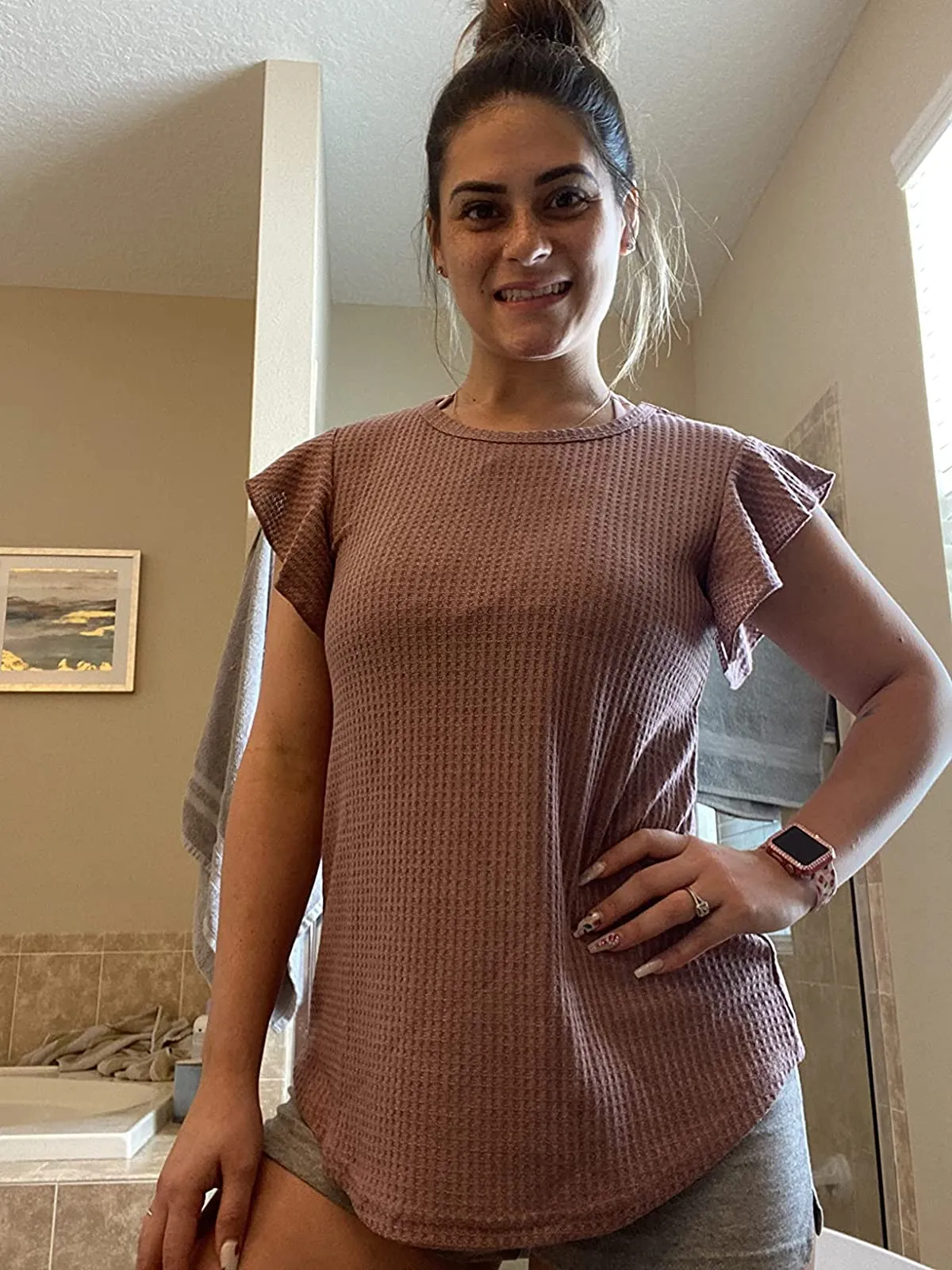 Blue Green Ruffle Short Sleeve Top Waffle Knit Tunic Casual Blouse Round Neck Shirts Summer Tank Tops for Women - IWOLLENCE