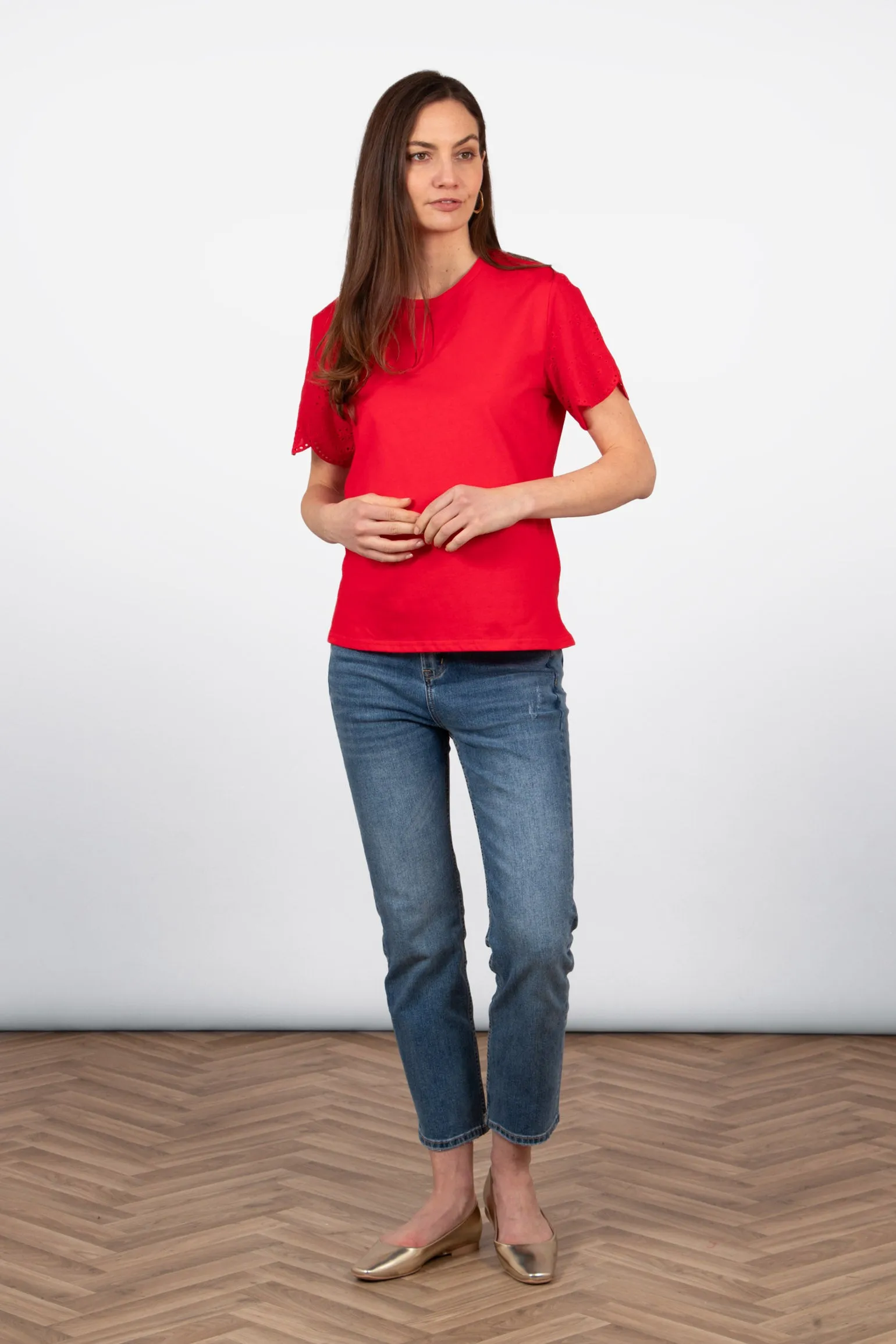 Bryn Cotton Short Sleeve Top - Red, Broderie Anglaise