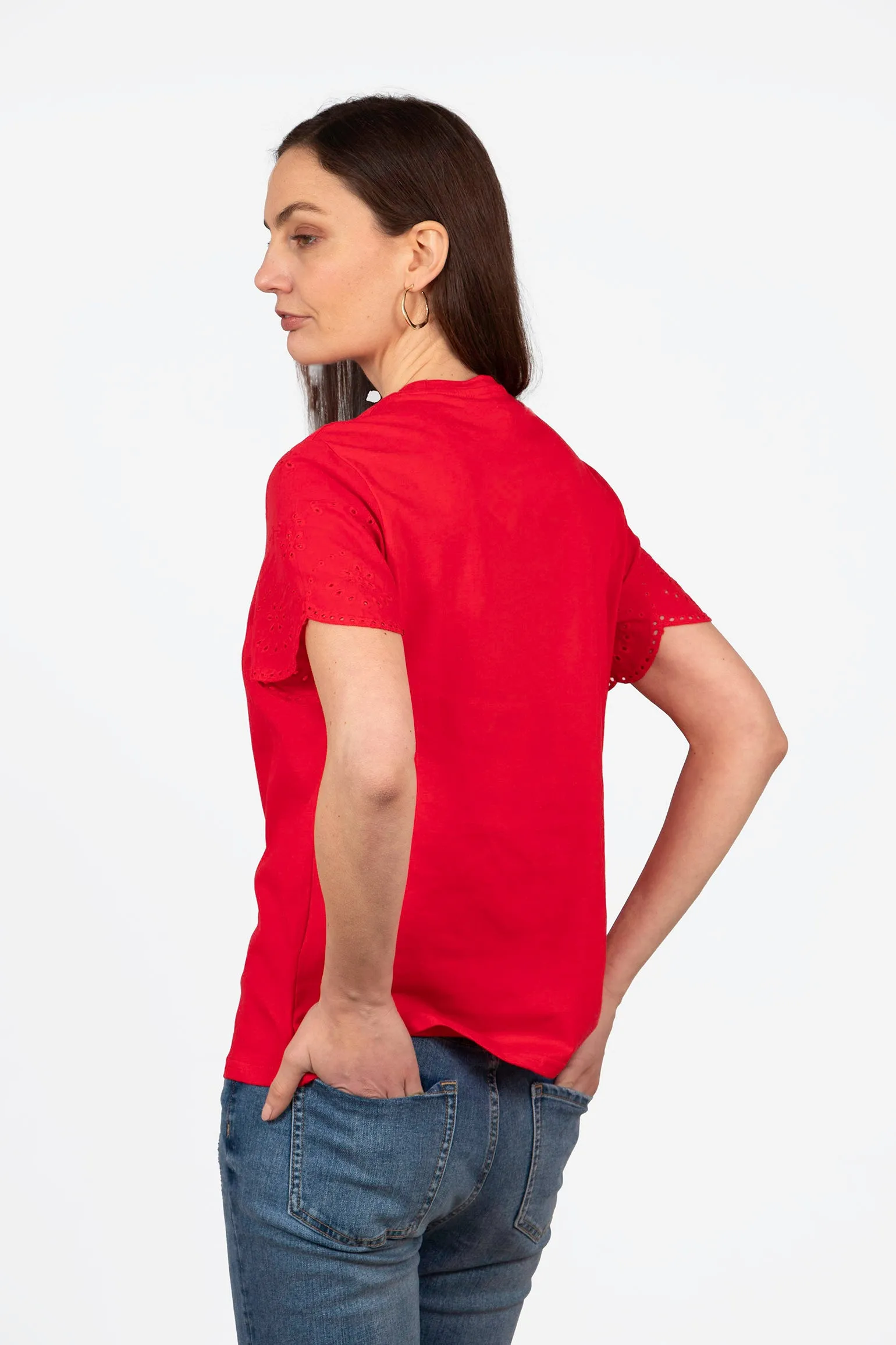 Bryn Cotton Short Sleeve Top - Red, Broderie Anglaise