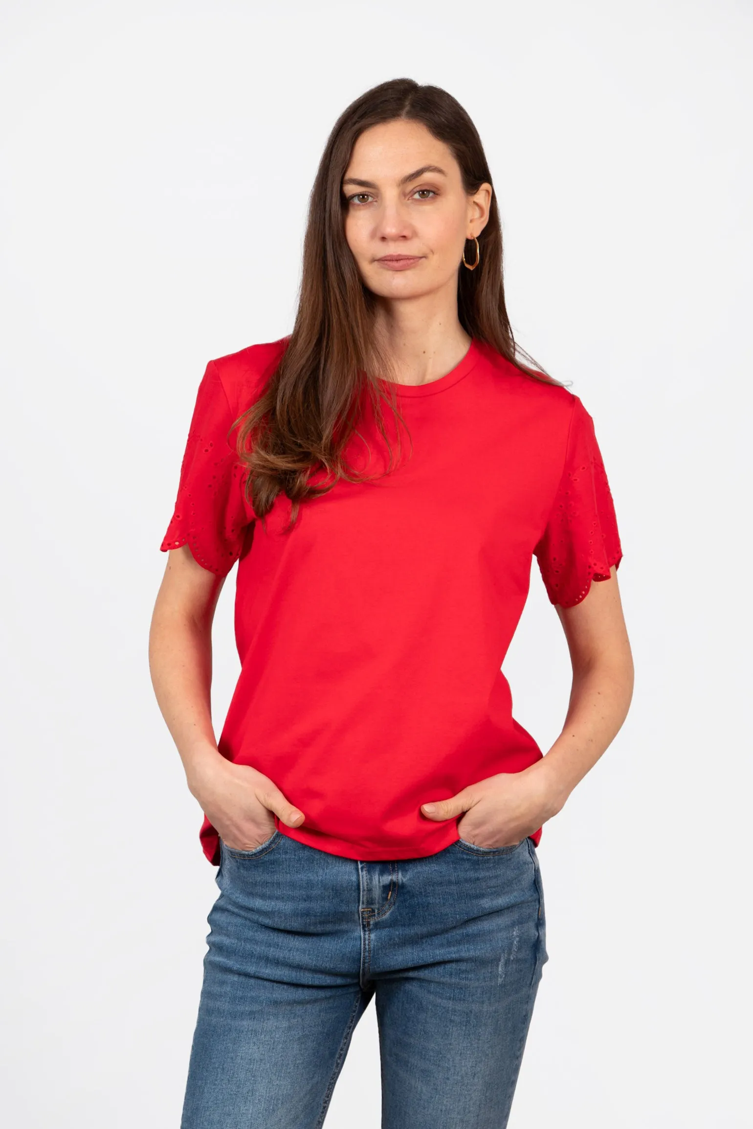 Bryn Cotton Short Sleeve Top - Red, Broderie Anglaise