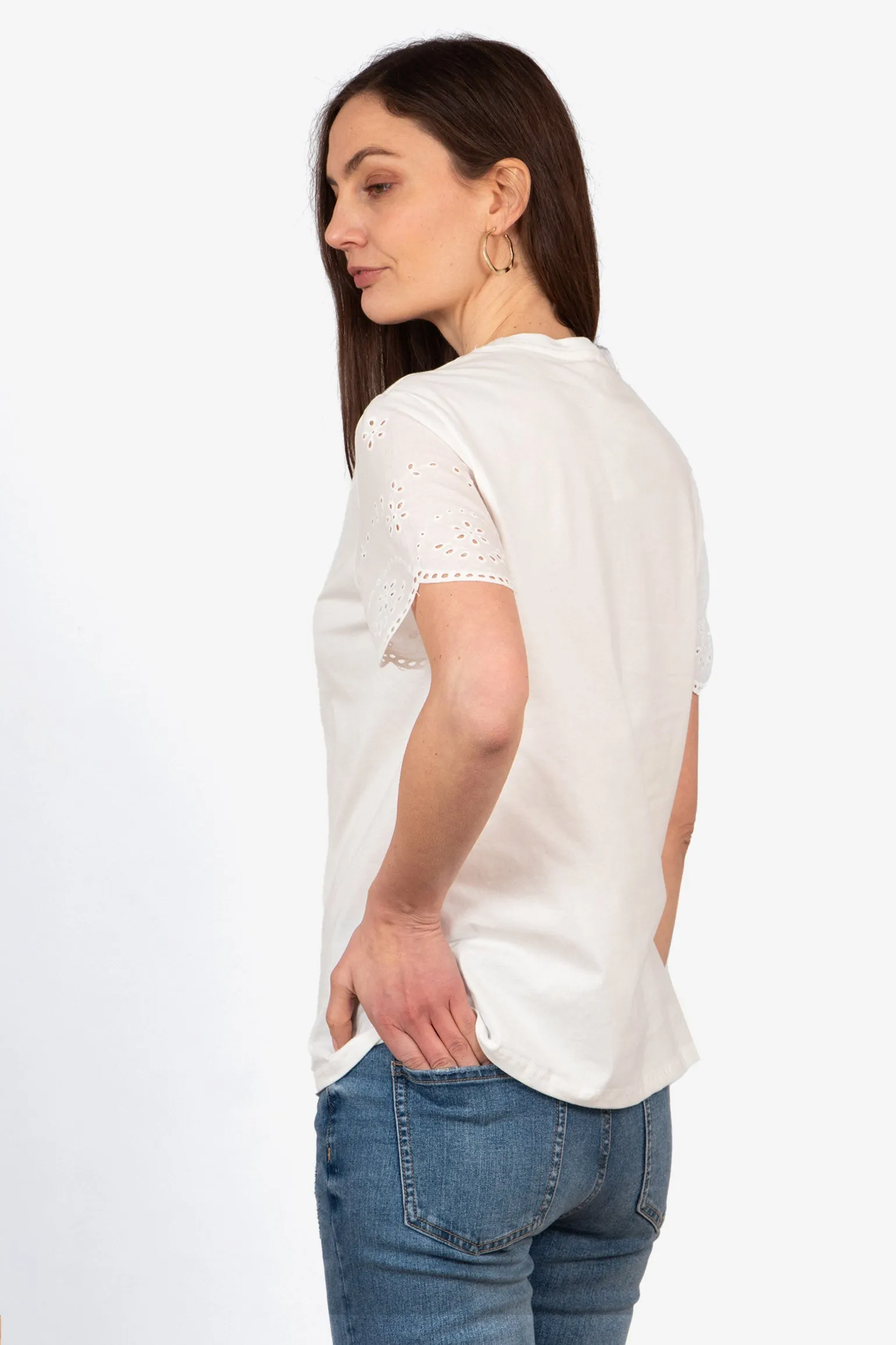 Bryn Cotton Short Sleeve Top - White, Broderie Anglaise
