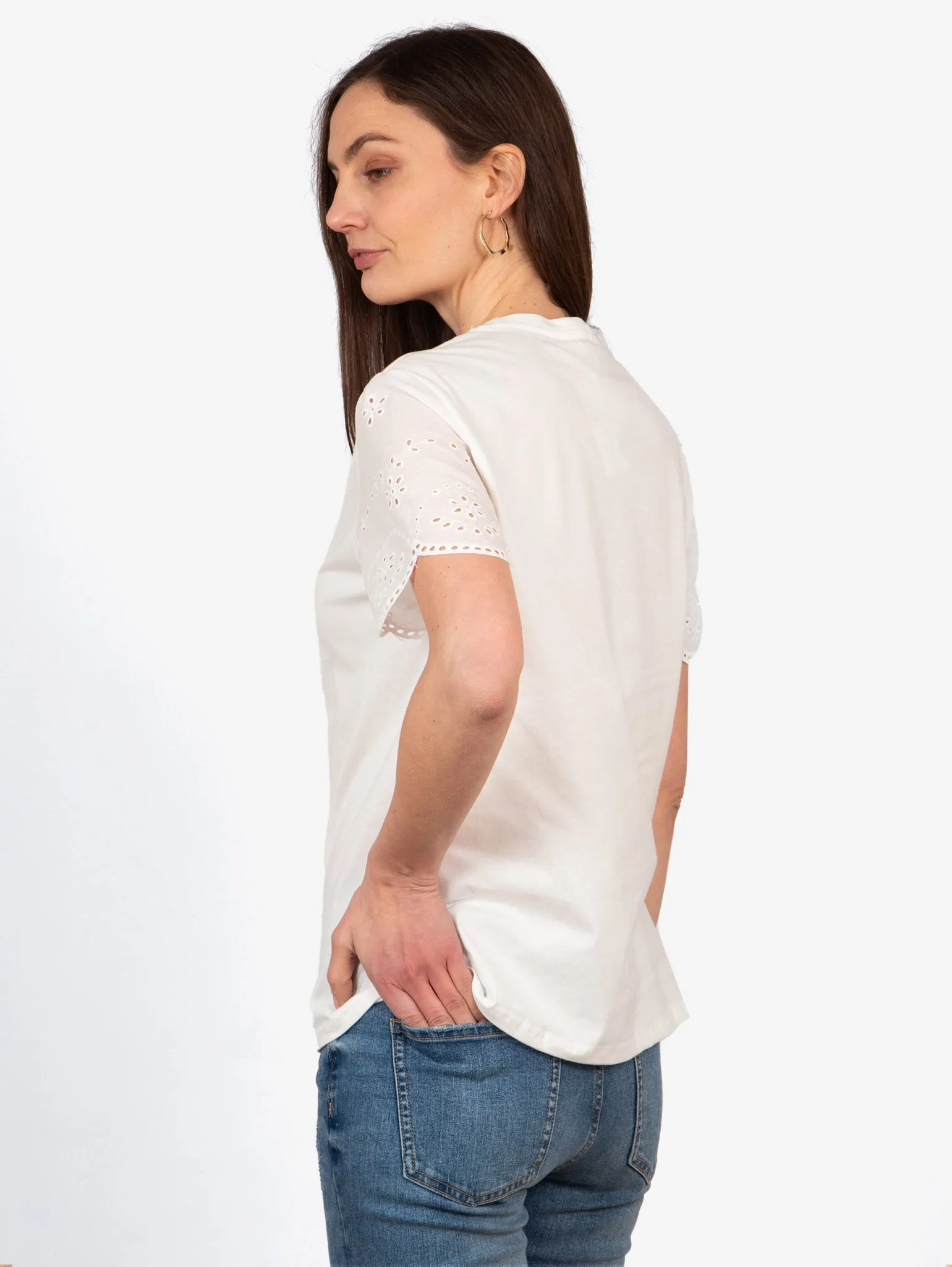 Bryn Cotton Short Sleeve Top - White, Broderie Anglaise