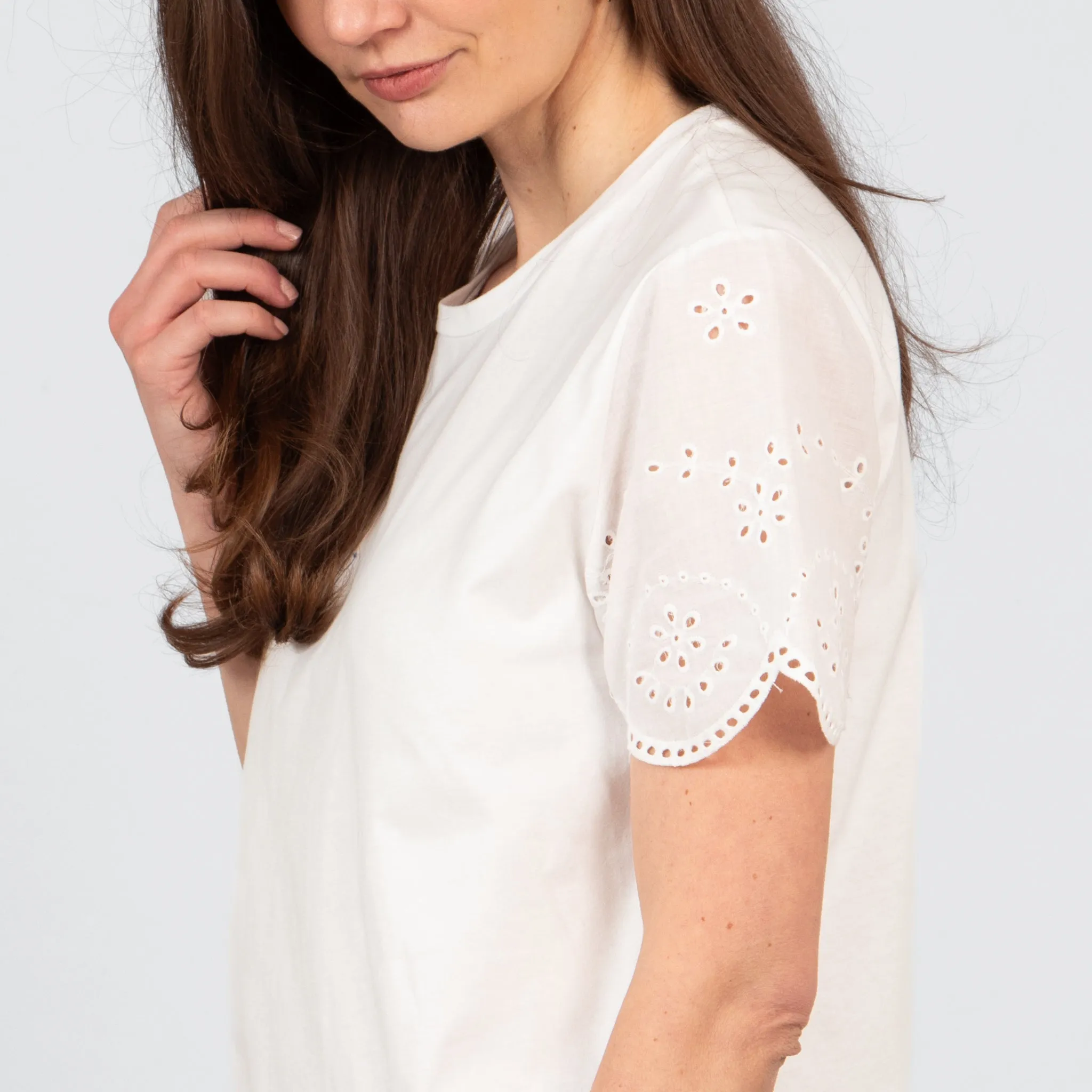 Bryn Cotton Short Sleeve Top - White, Broderie Anglaise