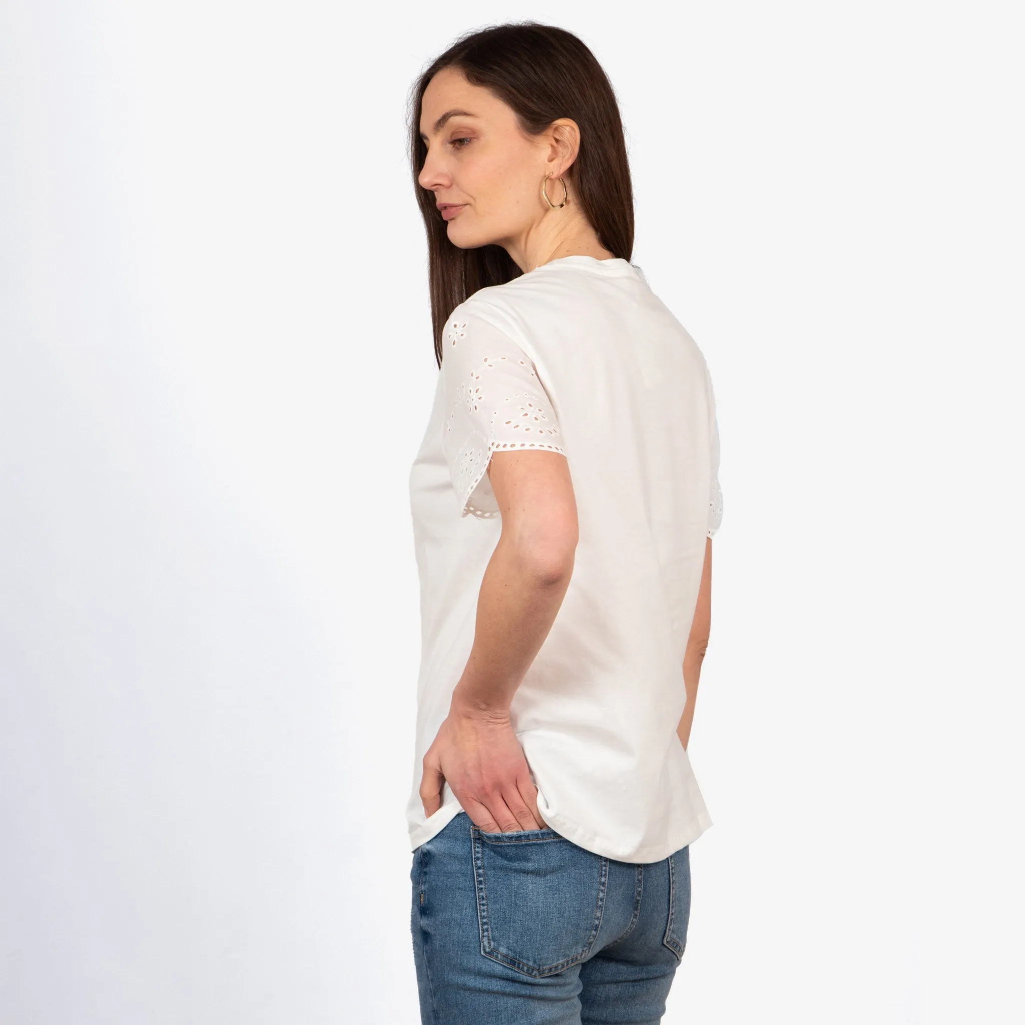 Bryn Cotton Short Sleeve Top - White, Broderie Anglaise