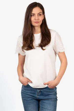 Bryn Cotton Short Sleeve Top - White, Broderie Anglaise