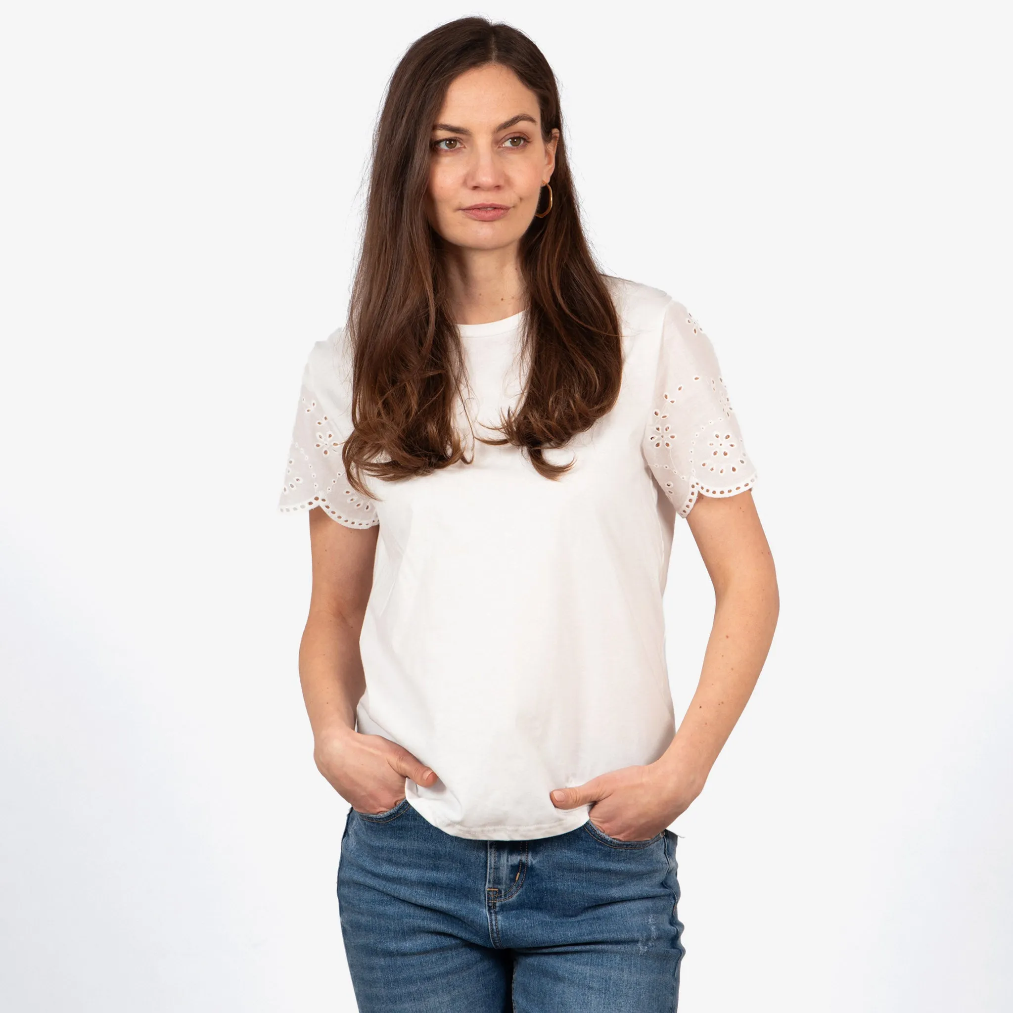 Bryn Cotton Short Sleeve Top - White, Broderie Anglaise