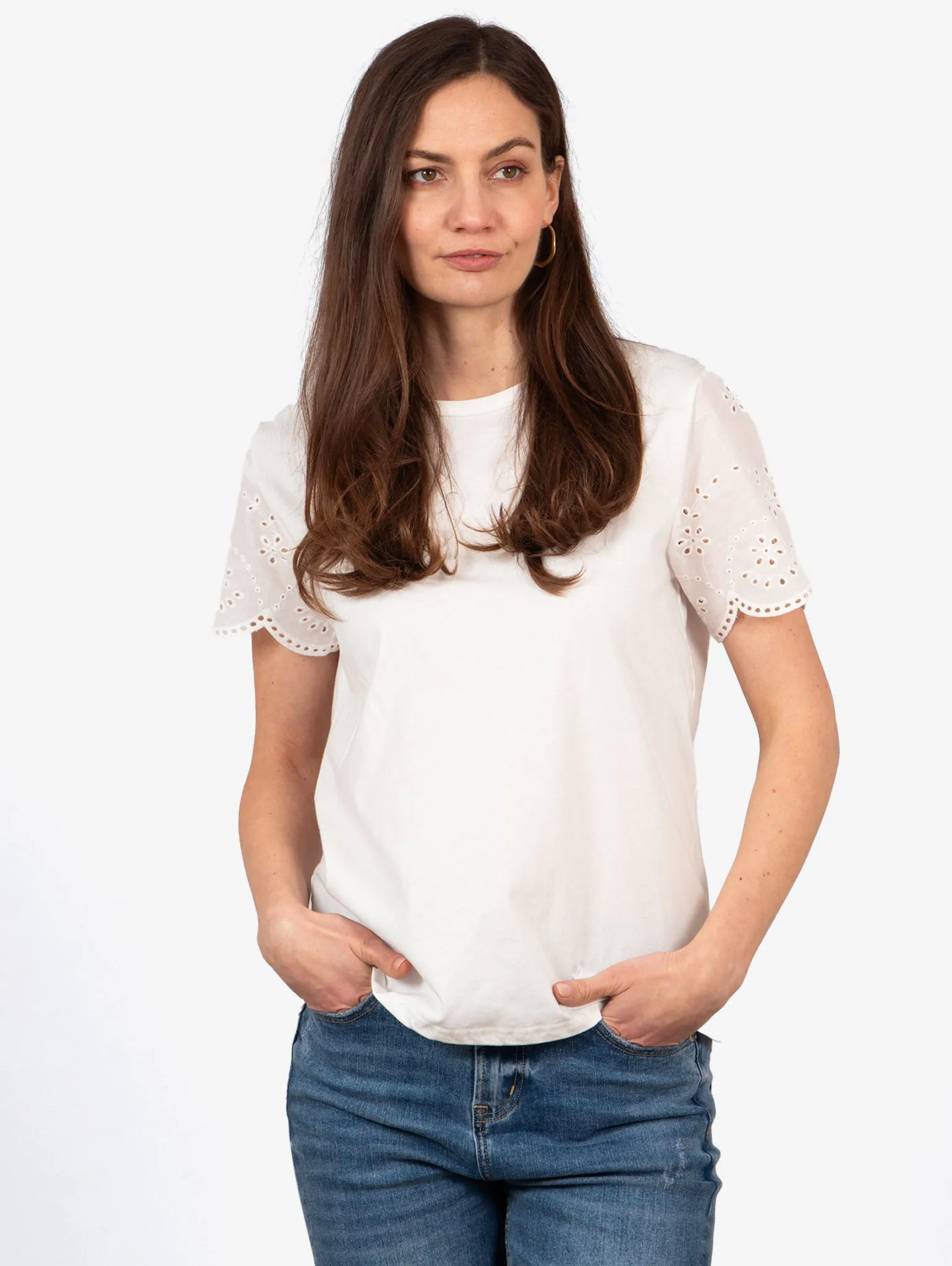 Bryn Cotton Short Sleeve Top - White, Broderie Anglaise