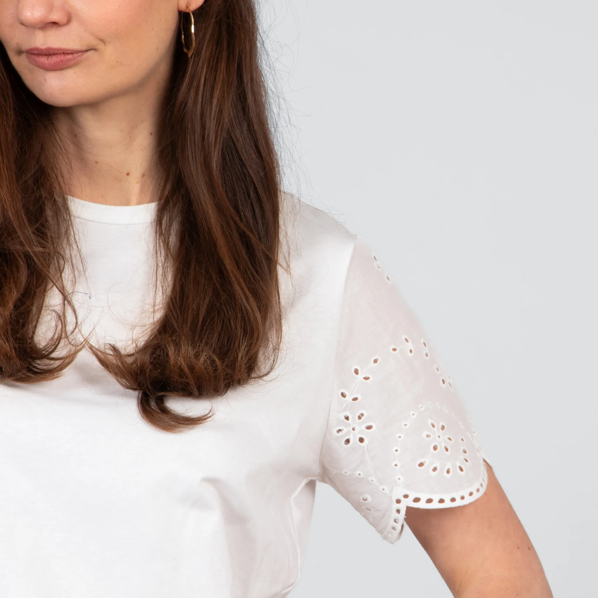 Bryn Cotton Short Sleeve Top - White, Broderie Anglaise