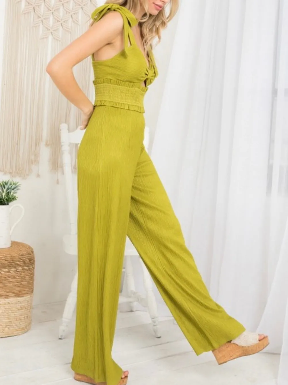 Chartreuse Cutout Pleated Jumpsuit