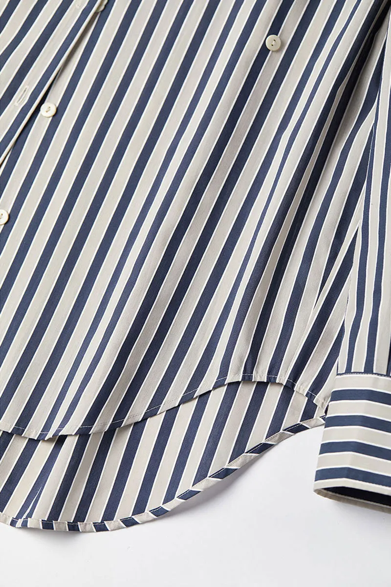 Convertible Oversized Fit Navy-White Striped Button-Up Shirt
