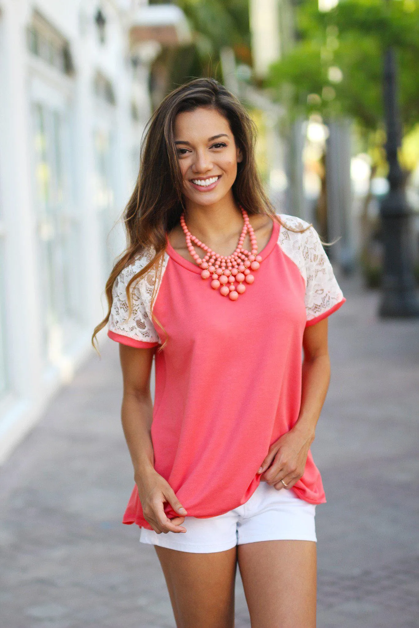 Coral Tee with Lace Sleeves