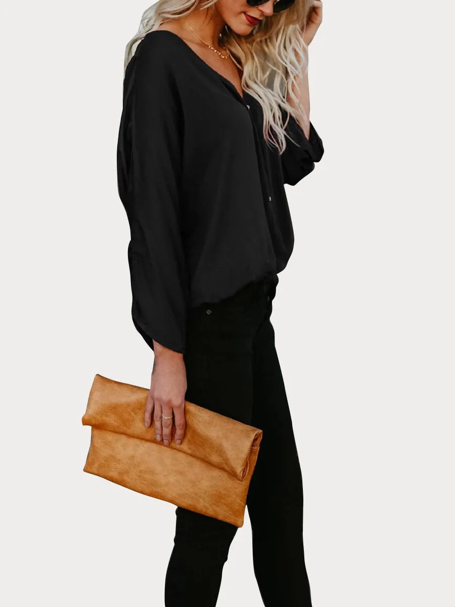 DarkRed Button Down V Neck Casual Blouse