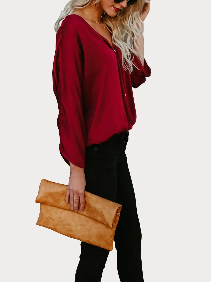 DarkRed Button Down V Neck Casual Blouse