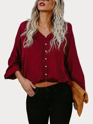 DarkRed Button Down V Neck Casual Blouse