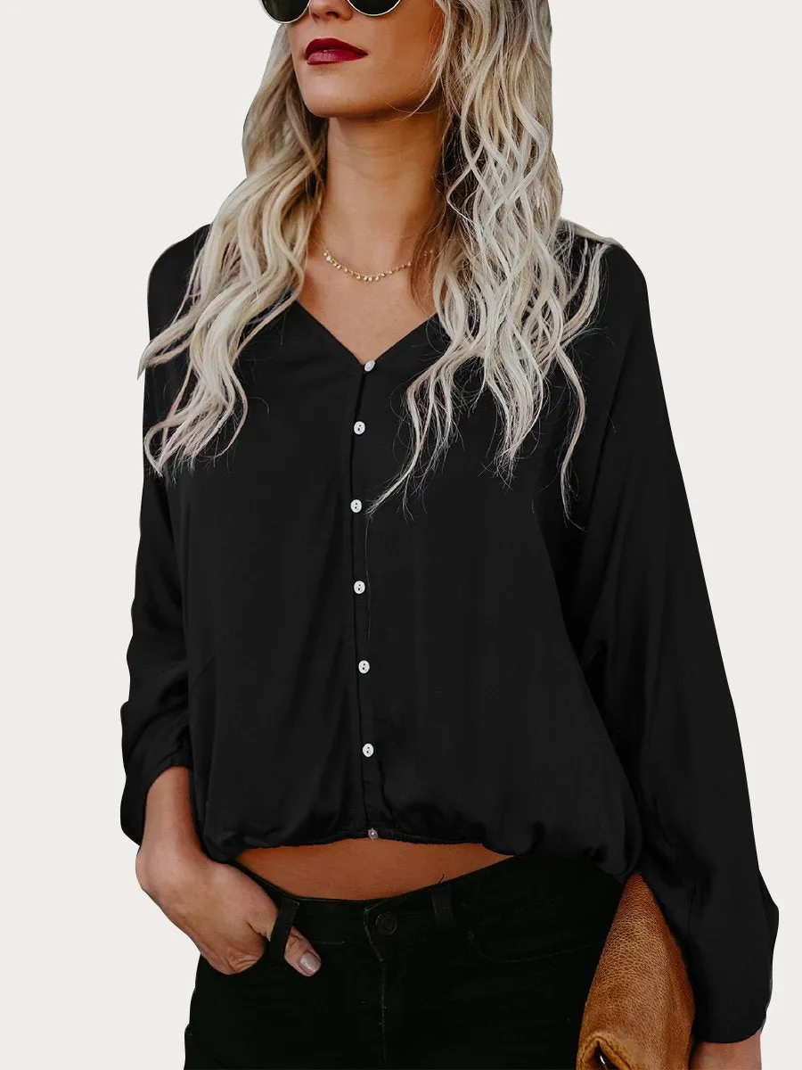 DarkRed Button Down V Neck Casual Blouse