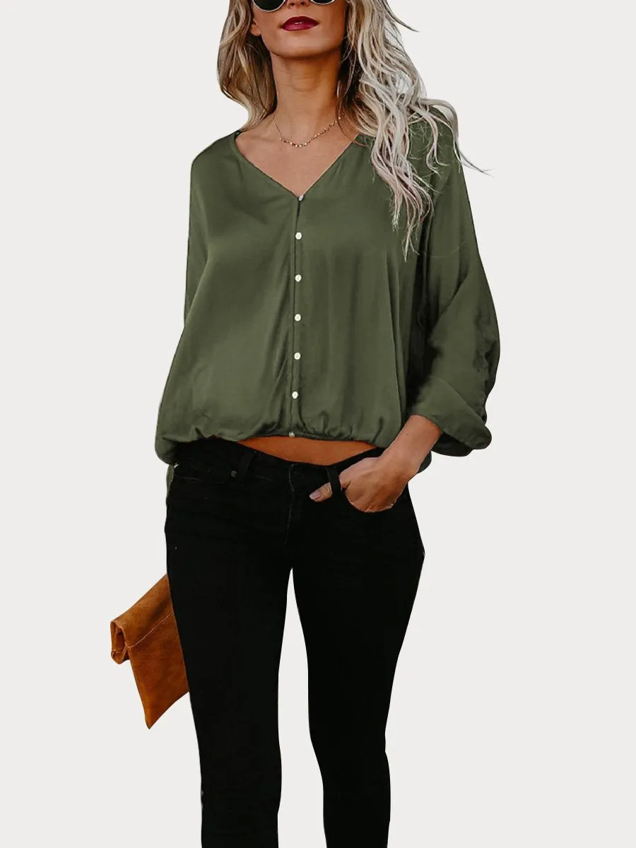 DarkRed Button Down V Neck Casual Blouse