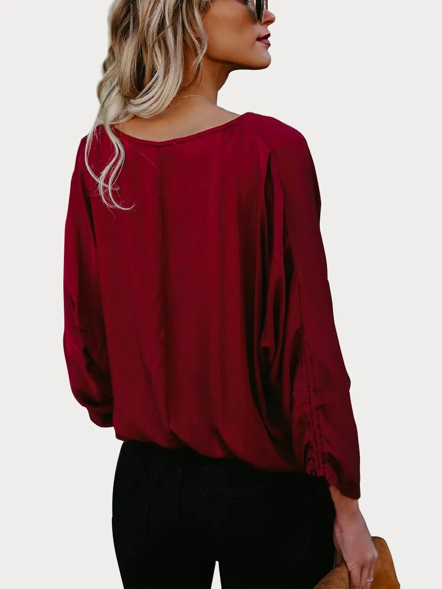 DarkRed Button Down V Neck Casual Blouse